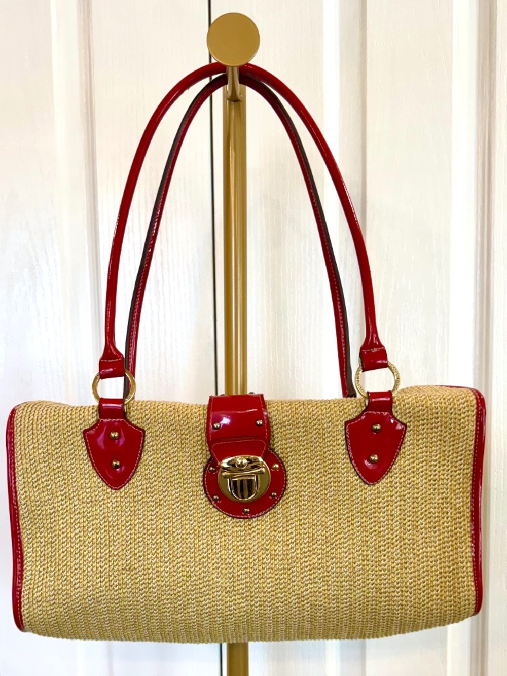 NWOT Vintage Handbag by Jones N.Y. Woven Rattan look, Red Patent Leather Accents